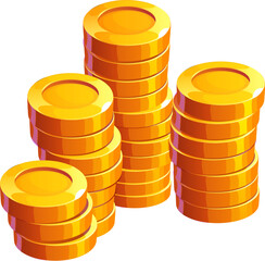 Cartoon golden coins stack. Money, pirate treasure, currency, income or savings, casino jackpot win, game asset. Isolated vector gold coins, shiners and cash piles. Wealth, profit or finance success