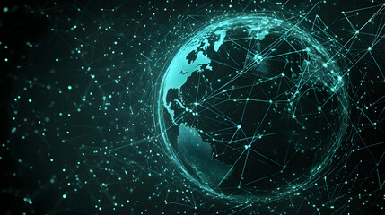 A digital artwork of a glowing globe with interconnected lines and nodes, representing global communication and networks, set against a dark background with subtle grid patterns.


