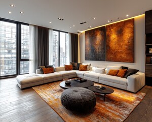 Stylish Contemporary Living Room Design with Dark Wood Floors, Light Walls, and Bold Furniture Set Aglow with Accent Lighting