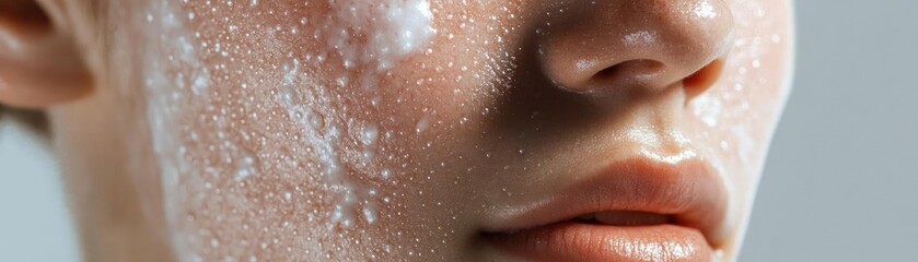 Fototapeta premium Close-up of a woman's face with cleanser, highlighting skincare routine and refreshing beauty.