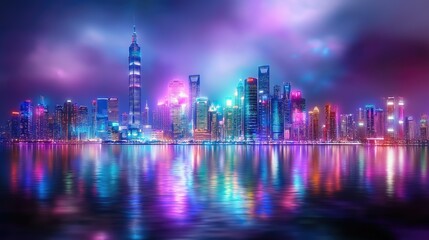 Vibrant Neon Skyline Reflecting on Waterfront at Night