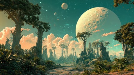 Naklejka premium A Futuristic Landscape Under a Giant Moon