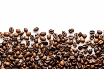 Panoramic coffee beans border isolated on white background with copy space