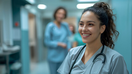 Fototapeta premium A smiling nurse with a stethoscope stands in a hospital hallway, ready to provide dedicated care to patients.