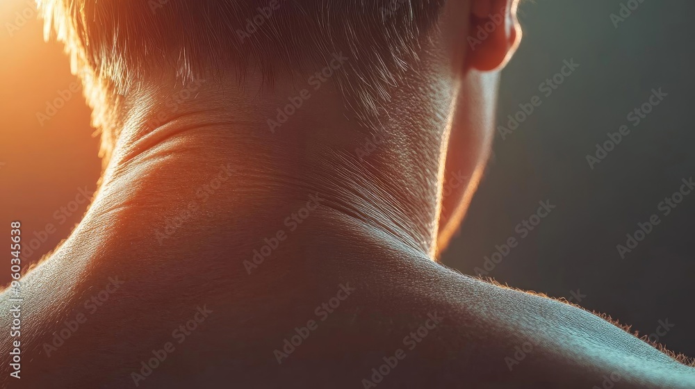 Poster close-up of a person's neck and shoulder, focusing on skin texture and natural light, creating a ser
