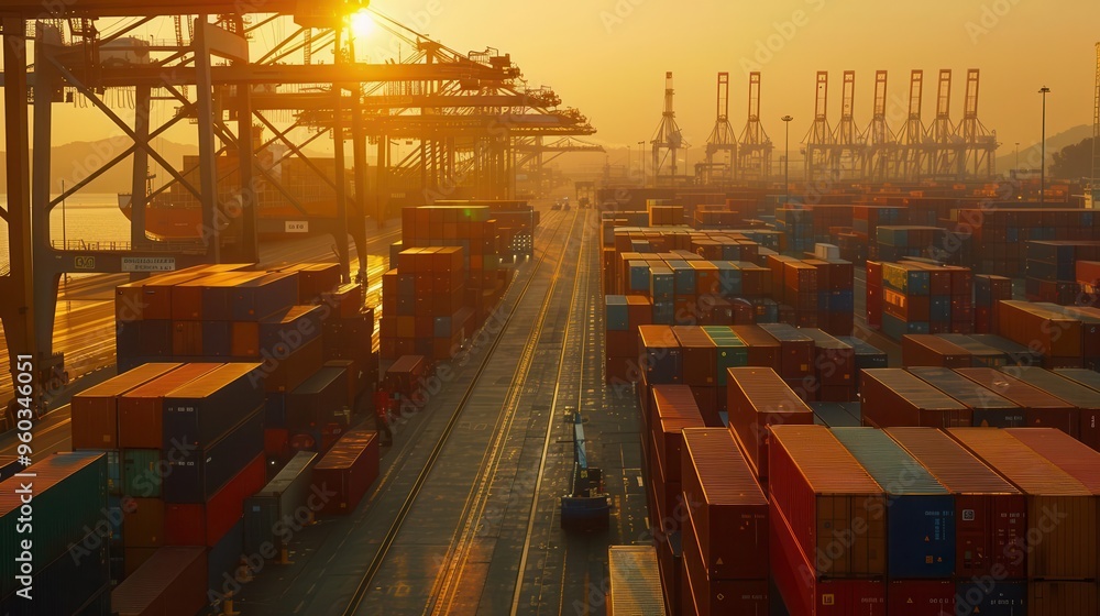 Poster vast container ship terminal at sunset rows of colorful stacked containers stretch to horizon cranes