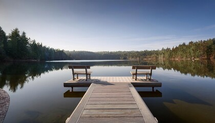 A serene lakeside dock with a single, inviting bench overlooking the calm waters, perfect for moments of solitude and reflection