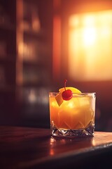 Cozy Amber Tinted Whiskey Sour with Lemon Twist and Cherry Garnish Against Rustic Bar Scene