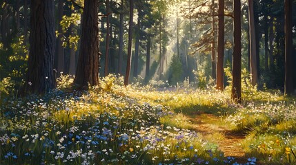 Obraz premium Forest floor covered in a thick layer of fallen pine needles and small wildflowers, soft morning light filtering through tall pines, subtle shadows and highlights creating depth, calm and reflective