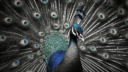 Black and white uncolored outline of a peacock for coloring book. © Den Boro Day