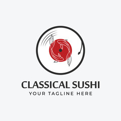 classic sushi logo with vinyl record and fish icon design illustration.