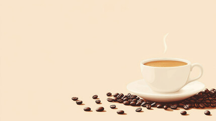 Obraz premium A steaming cup of coffee sits on saucer, surrounded by coffee beans, evoking warm and inviting atmosphere.