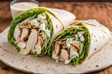 Chicken caesar wrap with grilled chicken romaine lettuce caesar dressing and parmesan cheese, Ai Generated
