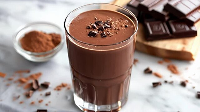 Glass of chocolate protein shake is topped with chocolate shavings and sits on a marble countertop with cocoa powder and a bar of chocolate nearby