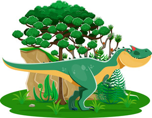 Fototapeta premium Allosaurus prehistoric dinosaur cartoon character. Isolated vector theropod dino belonging to the Late Jurassic period. Ancient carnivore reptile animal at lush landscape with ferns, rock and tree