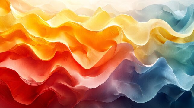 Colorful waves of fabric flow gracefully, creating a dynamic abstract display of orange, red, yellow, and blue hues in a gentle gradient
