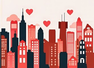 Fototapeta premium Stylized city skyline with hearts, symbolizing love and romance.