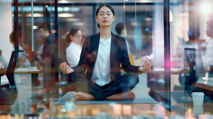 Fototapeta premium Young Asian woman meditating in lotus position in a modern office environment.