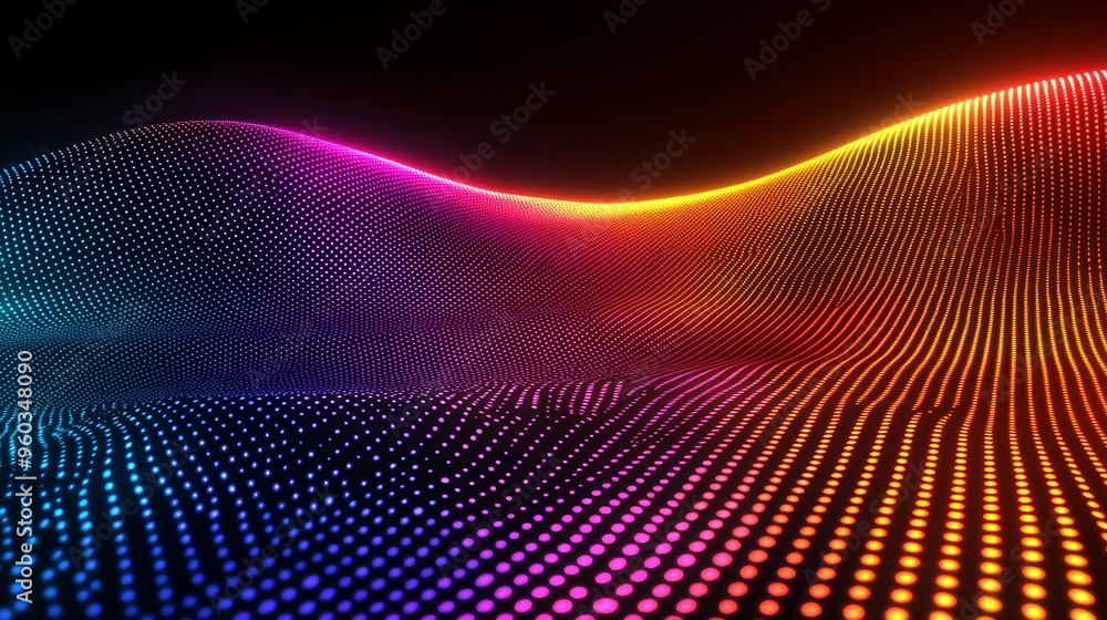 Poster colorful abstract wave pattern with vibrant digital dots illuminated against a dark background