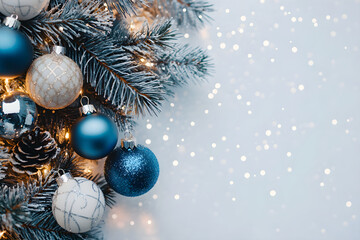 Blue Christmas balls on fir branch in snow on blurred white background. Concept for Christmas, New Year, winter holidays. Banner with copy space. Christmas decorations. Close up of shiny baubles   