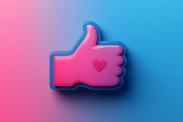 Obraz premium Colorful 3D thumbs-up emoji with a heart detail on a vibrant blue and pink background.