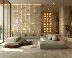 Tranquil Fusion of Modern and Traditional Decor in Contemporary Living Room with Ambient Lighting