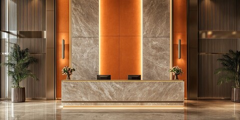 orange modern hotel reception design with combine between elegant wood panels and luxury marble 