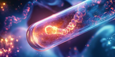 Glowing spheres in a tube against a dark background.