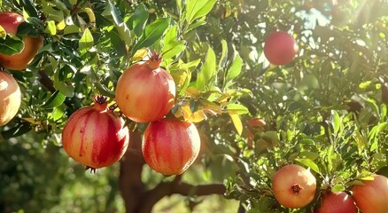 Ripe pomegranates hanging on a tree, illuminated by soft sunlight.