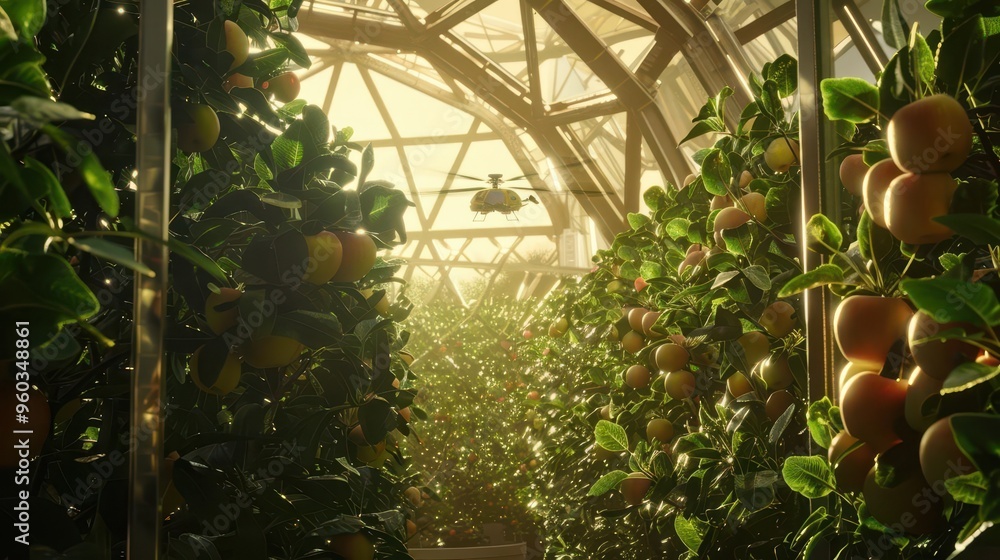 Poster vertical orchard with geneedited dwarf apple trees pollinator drones and automated harvesting arms h