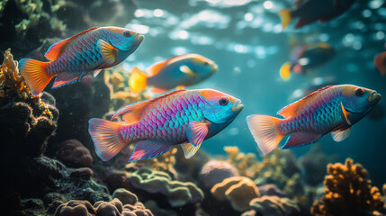Naklejka premium Vibrant Tropical Fish Swimming in a Coral Reef
