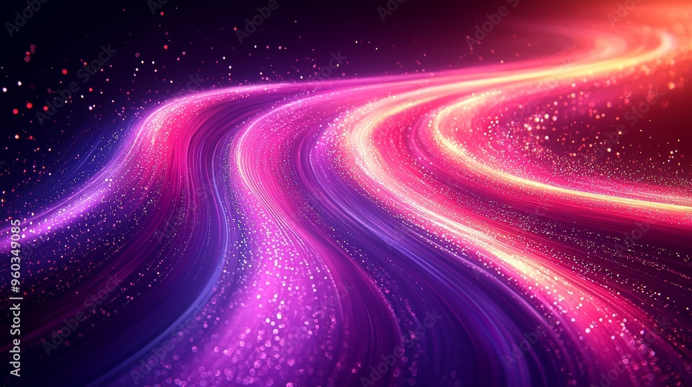 Poster colorful flowing lines of light create a dynamic visual effect in a dark background, showcasing vibr