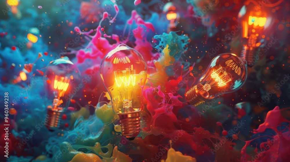 Poster vibrant 3d surrealist collage mind exploding with colorful ideas floating lightbulbs swirling imagin