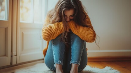 A young sad depressed woman in an orange sweater sits cross-legged with her head on her knees,...