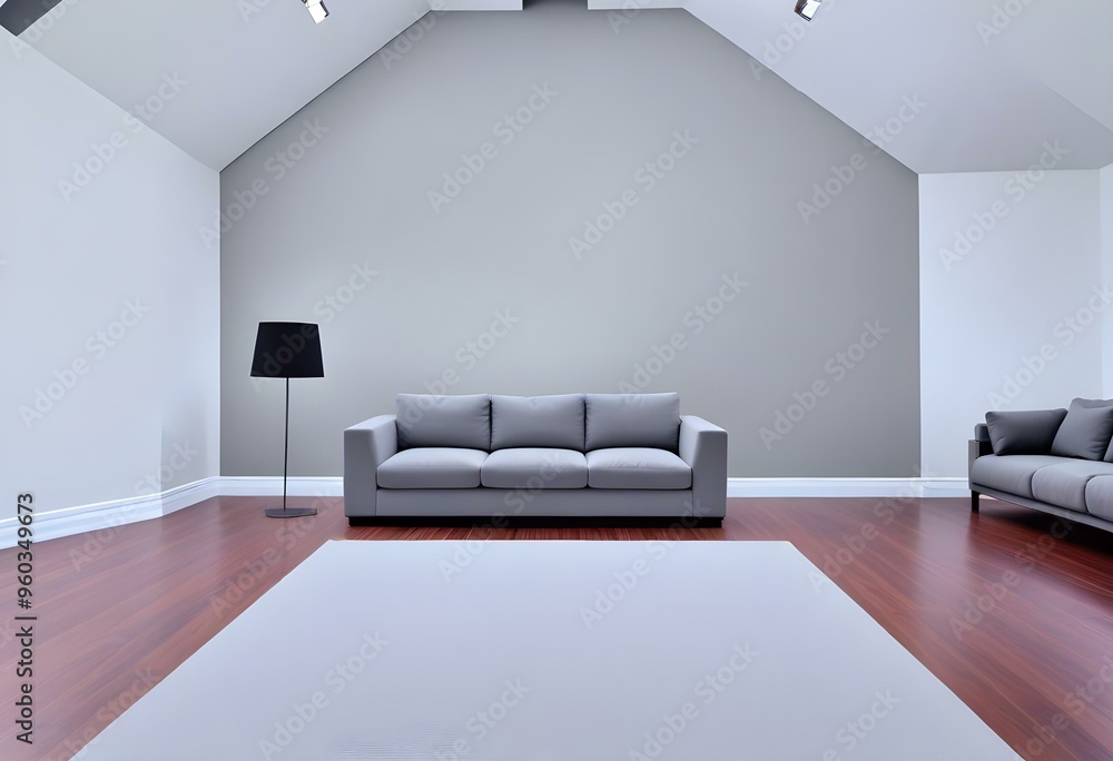 Wall mural Minimalistic waiting room with two chairs and blank banners on wall.