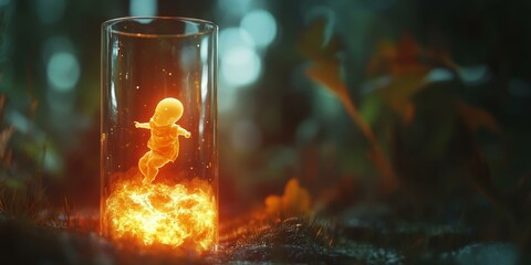 A glowing baby inside a glass jar.