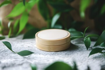 Eco Friendly Bamboo Compact with Natural Powder on Stone Surface with Lush Foliage
