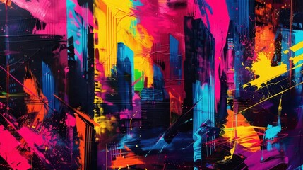vibrant abstract cityscape with swirling brushstrokes blending neon colors and geometric shapes dynamic composition with fluid lines and energetic movement