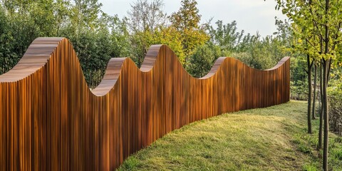 Wavy wooden fence with trees and grass.