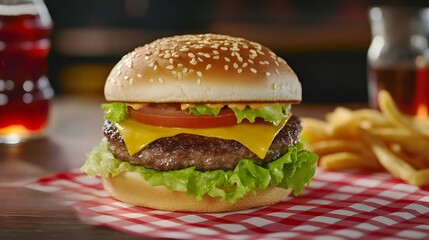 Perfectly Styled Nostalgic American Cheeseburger with Fries and Soda on Checkered Tablecloth