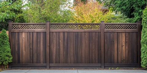 Wooden fence with lattice top, green bushes.
