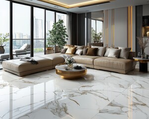 Elegant Contemporary Luxury Living Room with White Marble Floor, Gold Accents, and Leather Couch