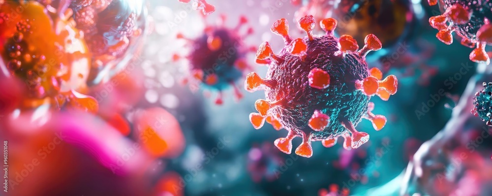 Poster close-up view of colorful virus cells under a microscope, showcasing intricate details and vibrant h