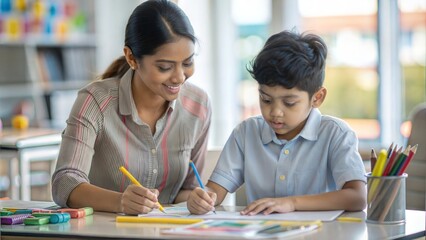 Fototapeta premium Indian student working on art projects with guidance from their teacher, emphasizing creativity and artistic development.