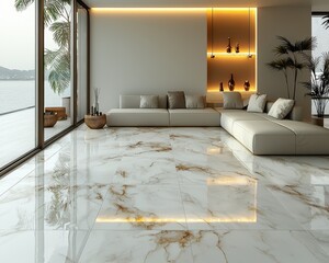 Luxurious Modern Living Room with High-Gloss White Walls, Marble Floor, and Gold Decor Elements Illuminated by Soft Lighting