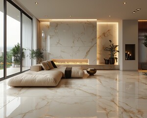 Elegant White and Gold Luxury Living Room with Marble Floor and Soft Lighting