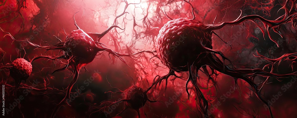 Poster a striking depiction of red cells with intricate structures, showcasing the beauty of microscopic li