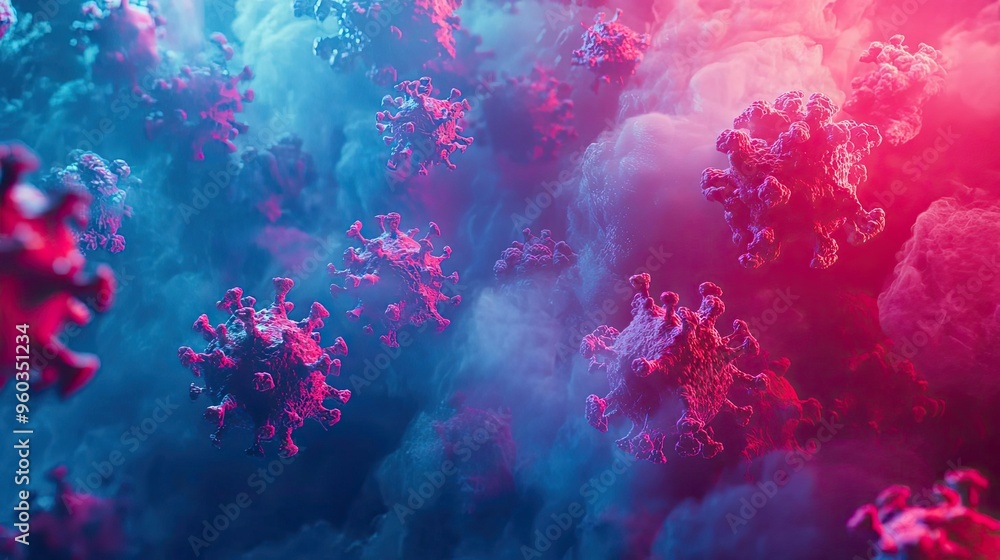 Poster abstract representation of virus particles in vibrant colors. suitable for health, science, and pand