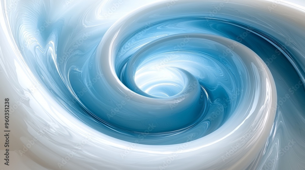 Poster swirling blue and white abstract design conveying motion and fluidity in a dynamic, captivating patt