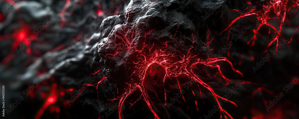 Poster abstract illustration of dark textures with striking red veins, evoking a sense of intensity and dep